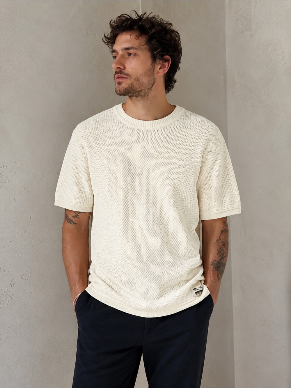 Scotch & Soda Amsterdams Blauw Knit Tee XL Cream Textured Sweater